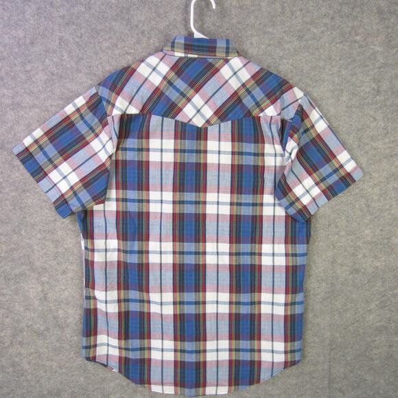 Open Trails Shirt Mens Large Blue Red Plaid Short Sleeve Western Pearl Snap - Picture 7 of 8